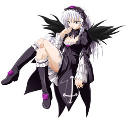 Rule 34 | 00s, boots, doll, doll joints, dress, frills, gothic lolita, gucchi, hairband, joints, legs, lolita fashion, long hair, midriff, ribbon, rozen maiden, silver hair, sitting, solo, suigintou, wings