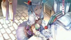 Rule 34 | 1girl, atelier (series), atelier sophie, blue eyes, blue hair, breasts, capelet, cleavage, cleavage cutout, clothing cutout, corset, elbow gloves, game cg, gloves, hair ornament, large breasts, leon (atelier), long hair, noco (adamas), official art, skirt, smile, solo, white gloves