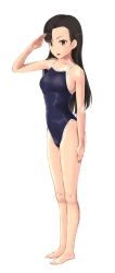 Rule 34 | 10s, 1girl, :d, barefoot, black hair, breasts, brown eyes, competition school swimsuit, female focus, full body, girls und panzer, highres, long hair, looking at viewer, nishi kinuyo, one-piece swimsuit, open mouth, salute, school swimsuit, simple background, smile, solo, standing, swimsuit, wa (genryusui), white background