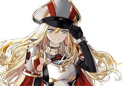 Rule 34 | 10s, 1girl, aiguillette, alternate costume, arms up, bismarck (kancolle), black gloves, blonde hair, blue eyes, cape, closed mouth, commentary request, cowboy shot, elbow gloves, frilled sleeves, frills, glint, gloves, grey hat, hat, holding, holding clothes, holding hat, kantai collection, light smile, long sleeves, looking at viewer, military, military uniform, peaked cap, red cape, ruisento, simple background, smile, solo, uniform, white background, white gloves