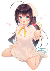 Rule 34 | 1girl, :d, ahoge, apron, black hair, blue eyes, blush, bobby socks, collared shirt, commentary request, floral background, gyozanuko, hair between eyes, hair ribbon, head scarf, highres, hinatsuru ai, kappougi, long hair, long sleeves, looking at viewer, low twintails, no shoes, open mouth, puffy long sleeves, puffy sleeves, ribbon, ryuuou no oshigoto!, shadow, shirt, sitting, smile, socks, solo, twintails, very long hair, wariza, white apron, white background, white shirt, white socks, yellow ribbon