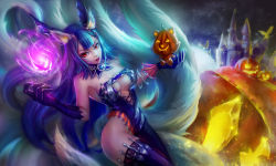 Rule 34 | 1girl, ahri (league of legends), alternate costume, alternate hair color, animal ears, bare shoulders, black hair, breasts, center opening, cleavage, cleavage cutout, clothing cutout, cross-laced clothes, cross-laced cutout, facial mark, fox ears, fox tail, highres, large breasts, le (huanglongen), league of legends, lips, long hair, multiple tails, pumpkin, red eyes, slit pupils, solo, tail, teemo, whisker markings