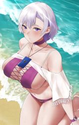 Rule 34 | 1girl, azur lane, bad id, bad pixiv id, bare shoulders, beach, beige footwear, bikini, blush, breasts, cellphone, choker, cleavage, collarbone, cross-laced bikini, cross-laced clothes, day, earrings, feet out of frame, fringe trim, from above, from side, groin, hair between eyes, half-closed eyes, heart, highres, jewelry, kneeling, lanyard, large breasts, light particles, light rays, looking at viewer, navel, ocean, off shoulder, official alternate costume, outdoors, parted lips, phone, purple bikini, purple choker, reno (azur lane), reno (summer spin-off) (azur lane), revision, rinrin (user tvcf4347), sand, sandals, shore, short hair, short sleeves, shrug (clothing), sideboob, silver hair, smartphone, solo, spaghetti strap, strapless, strapless bikini, sunbeam, sunlight, swimsuit, thighs, watch, water, wet, white sleeves, wristwatch