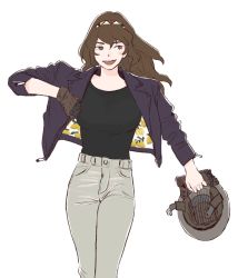 Rule 34 | 1girl, :d, alternate costume, ashigara (kancolle), bad id, bad twitter id, black shirt, breasts, brown eyes, brown gloves, brown hair, cowboy shot, gloves, unworn gloves, hairband, helmet, highres, holding, holding clothes, holding gloves, holding helmet, jacket, kantai collection, large breasts, leather, leather jacket, long hair, looking to the side, nachuraa, open mouth, pants, purple jacket, shirt, simple background, single glove, smile, solo, walking, wavy hair, white background, white pants