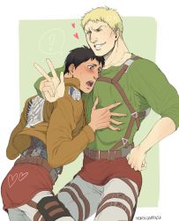 Rule 34 | 2boys, bertolt hoover, between pecs, between pectorals, blonde hair, blush, brown hair, chest harness, covered erect nipples, face to pecs, green shirt, harness, head between pecs, heart, highres, jacket, large pectorals, leather, leather jacket, male focus, multiple boys, navel, nene (10575936), one eye closed, pants, pectorals, reiner braun, shingeki no kyojin, shirt, short hair, smile, v, white pants, yaoi