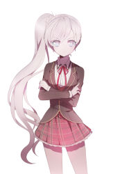 Rule 34 | 1girl, 6 yin, blazer, bow, bowtie, cowboy shot, crossed arms, grey eyes, jacket, long hair, looking at viewer, pantyhose, plaid, plaid skirt, pleated skirt, ponytail, rwby, scar, school uniform, side ponytail, silver hair, simple background, skirt, solo, weiss schnee, white background