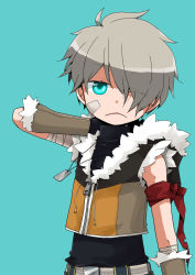 Rule 34 | 1boy, armband, bandaid, bandaid on cheek, bandaid on face, black shirt, blue background, blue eyes, brown gloves, brown shirt, closed mouth, commentary request, crop top, dog tags, fur-trimmed gloves, fur-trimmed shirt, fur trim, gloves, grey hair, hair between eyes, kano (coyotehunt), looking at viewer, ragnarok online, shirt, short hair, simple background, sleeveless, sleeveless shirt, sniper (ragnarok online), solo, upper body, zipper