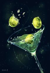 Rule 34 | alcohol, blue background, breaking, bubble, cocktail glass, cocon (cocon q), cup, drink, drinking glass, dutch angle, food, food focus, green theme, highres, light particles, martini, no humans, olive, original, simple background, still life, water drop