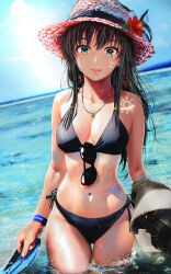 1girl absurdres aqua_eyes bikini black_bikini black_hair bodypaint breasts closed_mouth collarbone cowboy_shot day dutch_angle grace16 hair_ribbon hat highres horizon jewelry lips long_hair looking_at_viewer medium_breasts navel necklace ocean outdoors red_ribbon ribbon side-tie_bikini_bottom sky solo sun_hat swimsuit wading water wristband yahari_ore_no_seishun_lovecome_wa_machigatteiru. yukinoshita_yukino