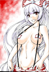 Rule 34 | 1girl, :d, bow, breasts, breasts apart, collarbone, female focus, fujiwara no mokou, grin, groin, hair bow, hair ribbon, large breasts, long hair, looking at viewer, naked suspenders, namidame, navel, no panties, open mouth, pasties, red background, red eyes, revealing clothes, ribbon, silver hair, sketch, smile, solo, standing, suspenders, topless, touhou, very long hair, white background