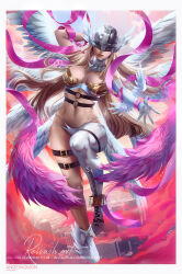 Rule 34 | angel, angel girl, angewomon, digimon, digimon (creature), head wings, highres, long hair, mask, reivash, wings
