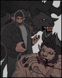Rule 34 | 1boy, bara, bear, beard, black sclera, black theme, brusi (iixblacklionxii), collage, colored sclera, dark-skinned male, dark skin, demon, demon boy, demon tail, facial hair, feet out of frame, fingernails, frown, grin, highres, iixblacklionxii, large hands, large pectorals, licking blood, long tongue, looking at viewer, male focus, mature male, monsterification, muscular, muscular male, original, pectorals, pointy ears, progression, scar, scar on arm, sharp fingernails, short hair, smile, spot color, tail, thick eyebrows, tongue, transformation, yellow eyes