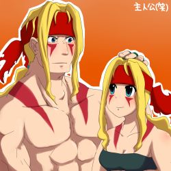 Rule 34 | 1boy, 1girl, abs, alex (street fighter), bare shoulders, blonde hair, blue eyes, breasts, capcom fighting jam, cleavage, dual persona, facial tattoo, genderswap, genderswap (mtf), hand on another&#039;s head, headband, height difference, highres, long hair, m16 (tacticalmachinepistol), midnight bliss, muscular, headpat, smile, strapless, street fighter, street fighter iii (series), tattoo, tube top