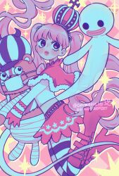 Rule 34 | 1girl, bandages, blunt bangs, boots, bow, capelet, chunafishy, commentary, crop top, crown, english commentary, full body, ghost, hair bow, highres, holding, holding stuffed toy, kumacy, long sleeves, looking up, mini crown, one piece, pantyhose, perona, pink capelet, pink footwear, striped clothes, striped pantyhose, stuffed toy, twintails, twitter username