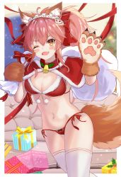 Rule 34 | 1girl, animal ear fluff, animal ears, animal hands, bell, bikini, blush, bow, box, breasts, capelet, cat hair ornament, cleavage, collar, fang, fate/extra, fate/grand order, fate (series), fox ears, fox girl, fox tail, fur-trimmed bikini, fur trim, gift, gift box, gloves, hair bow, hair ornament, highres, large breasts, long hair, looking at viewer, maid headdress, navel, neck bell, one eye closed, open mouth, panipo2501, paw gloves, pink hair, ponytail, red bikini, red bow, red capelet, sack, sidelocks, smile, solo, swimsuit, tail, tamamo (fate), tamamo cat (fate), thighhighs, thighs, white thighhighs, yellow eyes