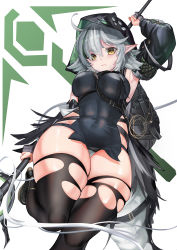 Rule 34 | 1girl, absurdres, ahoge, arknights, arm up, black panties, breasts, covered navel, crocodilian tail, detached sleeves, green hair, green sleeves, grey hair, highres, holding, holding staff, hood, hood up, hooded shirt, impossible clothes, impossible shirt, large breasts, leg up, looking at viewer, multicolored hair, panties, shirt, simple background, solo, staff, standing, standing on one leg, streaked hair, tail, tail strap, thighs, tomimi (arknights), torn clothes, torn legwear, underwear, white background, zhouleihao