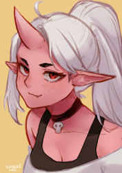 Rule 34 | 1girl, :3, bare shoulders, black choker, borrowed character, breasts, choker, cleavage, closed mouth, colored skin, dated, highres, horns, looking at viewer, original, pink skin, pointy ears, ponytail, red eyes, signature, simple background, single horn, smile, solo, temachii, upper body, white hair, yellow background