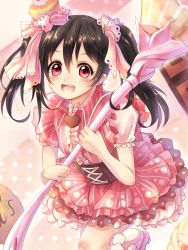 Rule 34 | 10s, 1girl, :d, absurdres, black hair, bow, cake, dress, food, food-themed hair ornament, hair bow, hair ornament, highres, love live!, love live! school idol project, open mouth, pink dress, racket ti1, red eyes, short hair, smile, solo, staff, twintails, yazawa nico