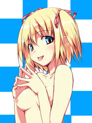 Rule 34 | 1girl, :p, alice margatroid, alternate hairstyle, blonde hair, blue eyes, blush, breasts, female focus, hair ribbon, looking at viewer, medium breasts, nipples, nirap, nude, open mouth, own hands together, ribbon, short hair, smile, solo, steepled fingers, tongue, tongue out, touhou, twintails, upper body