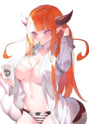 Rule 34 | 1girl, ahoge, alternate costume, black panties, blonde hair, blunt bangs, blush, breasts, casual, collarbone, collared shirt, commentary, commentary request, cowboy shot, cup, dragon girl, dragon horns, dragon tail, hand in own hair, highres, hinamori (18ar0), holding, holding cup, hololive, horns, kiryu coco, large breasts, light rays, looking to the side, midriff, mug, multicolored hair, navel, no bra, open clothes, open shirt, orange hair, panties, pink eyes, scales, shirt, simple background, sleepy, solo, stomach, striped clothes, striped panties, symbol-only commentary, tail, toothbrush, toothbrush in mouth, underwear, virtual youtuber, white background, white shirt