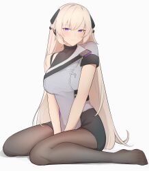 Rule 34 | 1girl, absurdres, arms between legs, black pantyhose, blonde hair, blush, breasts, commission, full body, g3 (girls&#039; frontline), girls&#039; frontline, girls&#039; frontline 2: exilium, hair between eyes, hair ornament, highres, large breasts, long hair, looking at viewer, pantyhose, pixiv commission, purple eyes, re1kirisaki342, sitting, smile, solo, uniform, wariza, zipper