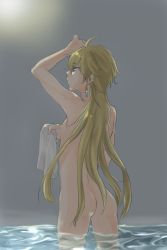 Rule 34 | 1boy, aether (genshin impact), androgynous, ass, bathing, blonde hair, earrings, genshin impact, highres, jewelry, male focus, nipples, nude, solo, water, yellow eyes