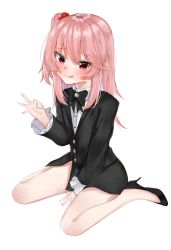 Rule 34 | 1girl, absurdres, blush, formal, full body, high heels, highres, indie virtual youtuber, kurenai momoka, looking at viewer, nemun (tamizzz), office lady, pink eyes, pink hair, simple background, sitting, solo, tongue, tongue out, virtual youtuber, wariza, white background