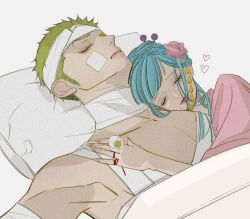 Rule 34 | 1boy, 1girl, aqua hair, bandage on face, bandage on neck, bandaged chest, bandaged head, bandages, closed eyes, closed mouth, commentary request, flower, green hair, hair flower, hair ornament, hair stick, hand on another&#039;s chest, heart, highres, japanese clothes, kimono, kouzuki hiyori, long hair, one piece, pink flower, roronoa zoro, short hair, sleeping, sskw mm, teeth