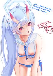 Rule 34 | 1boy, 1girl, absurdres, bikini, blue archive, blue bikini, blue hair, blue halo, breasts, chise (blue archive), chise (swimsuit) (blue archive), commentary, cowboy shot, doodle sensei (blue archive), downblouse, english commentary, english text, flower, front-tie bikini top, front-tie top, hair flower, hair ornament, halo, highres, horns, leaning forward, long hair, looking at viewer, navel, nipples, official alternate costume, oni horns, parted lips, pink eyes, rancidronin, sailor bikini, sailor collar, sensei (blue archive), side-tie bikini bottom, side ponytail, simple background, small breasts, solo focus, striped bikini, striped clothes, swimsuit, white background, white flower, white sailor collar