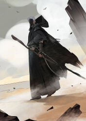 Rule 34 | 1boy, arm wrap, bird, black cape, black footwear, black gloves, black hakama, black mask, black shirt, black theme, boots, cape, chain, cloud, covered face, earclip, earrings, elrohirz, full body, gloves, grey hair, hakama, highres, holding, holding staff, holding stick, hood, hooded cape, japanese clothes, jewelry, long hair, male focus, original, outdoors, rock, sand, shirt, short hair, short sleeves, solo, staff, stick, torn clothes, walking, wide sleeves, wind