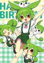 Rule 34 | &gt; &lt;, :3, :d, arm up, birthday, blush, boots, brooch, chibi, chibi inset, clenched hand, commentary request, creature, creature and personification, foot out of frame, gradient background, green footwear, green hair, hair between eyes, happy birthday, highres, jewelry, kokage uyuri, long hair, low ponytail, multiple views, open mouth, orange eyes, pink ribbon, plaid, plaid background, ponytail, puffy short sleeves, puffy sleeves, ribbon, shirt, short sleeves, smile, standing, standing on one leg, very long hair, voiceroid, voicevox, white shirt, xd, zundamon