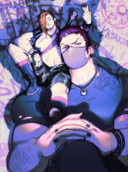 Rule 34 | 2boys, :p, arm hair, arm tattoo, asymmetrical hair, bara, bare pectorals, black footwear, black shirt, black vest, boots, bracelet, brown hair, cargo shorts, charlotte katakuri, drop shadow, ear piercing, facial hair, full body, graffiti, guitar, hair over one eye, highres, instrument, jewelry, large pectorals, leather, leather pants, long hair, long sideburns, looking at viewer, male focus, maren (mewtides), mask, mewiyev, mouth mask, multiple boys, muscular, muscular male, navel, navel hair, necklace, nipples, nose piercing, nose ring, one piece, open clothes, open vest, own hands clasped, own hands together, pants, pectorals, piercing, pink eyes, pink hair, plug (piercing), scar, scar on arm, scar on chest, scar on hand, scar on stomach, shirt, short hair, shorts, sideburns, sidecut, sitting, sitting on shoulder, size difference, spiked bracelet, spikes, stubble, tattoo, thick thighs, thighs, tight clothes, tight shirt, tongue, tongue out, torn clothes, undercut, upper body, v, vest, yaoi