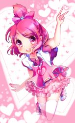 Rule 34 | 1girl, bow, dokidoki! precure, frills, full body, hair bow, half updo, heart, heart background, personification, pink bow, pink eyes, pink hair, precure, ro (igris-geo), sharuru (dokidoki! precure), sharuru (dokidoki! precure) (human), shirt, shoes, short hair, skirt, smile, solo, thighhighs, v, white thighhighs