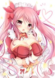 Rule 34 | 1girl, apron, blush, bow, bowtie, braid, breasts, cleavage, cowslip (flower knight girl), dress, finger to mouth, flower knight girl, grabbing own breast, hair bow, hair ribbon, highres, large breasts, long hair, magudara naru, maid, maid apron, maid headdress, open mouth, puffy short sleeves, puffy sleeves, red eyes, ribbon, short sleeves, sidelocks, solo, twintails, wrist cuffs, yellow bow