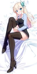 Rule 34 | 1girl, alternate costume, animal print, bed sheet, black dress, black footwear, black jacket, blonde hair, blue eyes, boku wa tomodachi ga sukunai, boots, breasts, butterfly hair ornament, butterfly print, casual, commentary request, curvy, dress, dressing, eyelashes, eyes visible through hair, full body, furrowed brow, hair between eyes, hair ornament, hair over shoulder, high heels, highres, jacket, kashiwazaki sena, knee up, large breasts, light blush, long hair, looking at viewer, netarou (shinra), open clothes, open jacket, parted lips, shiny skin, short dress, sidelocks, simple background, sitting, solo, thigh boots, thighs, white background