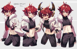 Rule 34 | 1boy, belt, black gloves, black pants, commission, crop top, cropped jacket, dragon horns, fingerless gloves, fur collar, gloves, highres, horns, jacket, long sleeves, looking at viewer, multiple views, navel, open mouth, orange eyes, pants, puffy long sleeves, puffy sleeves, red hair, short hair, skeb commission, upper body, white jacket, zero-go