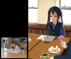 Rule 34 | 1girl, annoyed, bad id, bad pixiv id, black hair, cake, cat, derivative work, food, frown, k-on!, nakano azusa, parody, photo inset, reference inset, reference photo, solo, strawberry shortcake, twintails, v arms, watanore