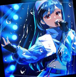 Rule 34 | 1girl, black gloves, blue hair, blue jacket, blue skirt, blue theme, commentary request, cropped jacket, denonbu, fingerless gloves, gloves, hairband, highres, holding, holding microphone, jacket, long hair, long sleeves, looking at viewer, microphone, midriff, official alternate costume, red eyes, shinonome kazune, skirt, solo, wanowanoji67, water drop
