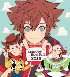 Rule 34 | 2018, 3boys, blue eyes, brown hair, buzz lightyear, cowboy hat, dated, disney, flower, hat, heart, kingdom hearts, kingdom hearts iii, kvover (applebloom), looking at viewer, male focus, mouth hold, multiple boys, rose, scarf, sheriff woody, smile, sora (kingdom hearts), spacesuit, sparkle, toy story