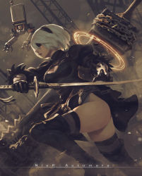 Rule 34 | 1girl, absurdres, ass, black dress, black footwear, black gloves, black hairband, black thighhighs, blindfold, boots, breasts, cleavage, cleavage cutout, clothing cutout, copyright name, covered eyes, cowboy shot, dress, drone, fierce ghost.y, floating, gloves, greatsword, groin, hair over eyes, hairband, highleg, highleg leotard, highres, holding, holding sword, holding weapon, huge weapon, juliet sleeves, katana, knee up, leg up, leotard, long sleeves, machinery, medium breasts, nier (series), nier:automata, open mouth, pod (nier:automata), puffy sleeves, robot, short dress, short hair, side slit, silver hair, solo, standing, standing on one leg, sword, thigh boots, thighhighs, turtleneck, unsheathed, vambraces, weapon, weapon on back, white leotard, 2b (nier:automata)