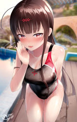 Rule 34 | 1girl, ahoge, alternate costume, artist logo, black one-piece swimsuit, blunt bangs, blurry, breasts, brown hair, cleavage, commentary request, competition swimsuit, cowboy shot, day, depth of field, dsr-50 (girls&#039; frontline), girls&#039; frontline, highres, large breasts, leaning forward, long hair, looking at viewer, one-piece swimsuit, outdoors, pool, poolside, red eyes, shirosaba, sidelocks, smile, solo, swimsuit, wet, wet clothes, wet swimsuit