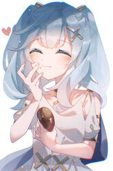 Rule 34 | 1girl, ^ ^, absurdres, aqua hair, closed eyes, closed mouth, clothing cutout, dress, eating, faruzan (genshin impact), food, food on face, genshin impact, hair between eyes, hair ornament, hand on own face, heart, highres, holding, holding food, jewelry, kise inaka, light blush, medium hair, puffy short sleeves, puffy sleeves, short sleeves, shoulder cutout, sidelocks, simple background, twintails, white background, white dress, x hair ornament