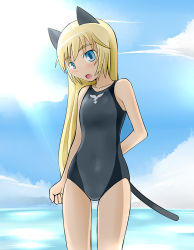 Rule 34 | 1girl, animal ears, blue eyes, cat ears, cat tail, helma lennartz, long hair, one-piece swimsuit, solo, strike witches, strike witches: suomus misfits squadron, swimsuit, tail, tanaka rikimaru, world witches series