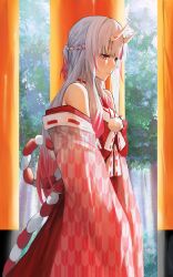 Rule 34 | 1girl, absurdres, bare shoulders, blush, braid, center-flap bangs, colored tips, commentary request, grey hair, hair between horns, hakama, hakama skirt, half updo, highres, hololive, horns, japanese clothes, kaze 22, kimono, korean commentary, long hair, looking ahead, multicolored hair, multiple torii, nakiri ayame, nakiri ayame (shrine maiden), nontraditional miko, official alternate costume, oni, outdoors, pink kimono, print kimono, red eyes, red hair, red hakama, red skirt, short ponytail, skin-covered horns, skirt, sleeves past fingers, sleeves past wrists, solo, streaked hair, torii, virtual youtuber, wide sleeves, yagasuri