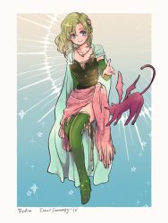 Rule 34 | 1girl, aged up, breasts, cape, cat, character name, closed mouth, collarbone, copyright name, detached sleeves, earrings, final fantasy, final fantasy iv, full body, funamince, green eyes, green hair, hair ornament, jewelry, long hair, rydia (ff4), smile, thighhighs