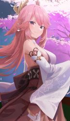 Rule 34 | 1girl, animal ears, back bow, bad id, bad twitter id, bare shoulders, bow, breasts, cherry blossoms, closed mouth, commentary, dasha, detached sleeves, earrings, falling petals, fox ears, from side, genshin impact, highres, jewelry, large bow, large breasts, long hair, looking at viewer, looking to the side, petals, pink hair, purple eyes, red bow, shirt, sideboob, smile, solo, swept bangs, upper body, white shirt, white sleeves, yae miko