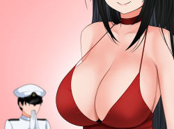 Rule 34 | 1boy, 1girl, azur lane, black hair, breasts, choker, cleavage, collarbone, commander (azur lane), commentary, dress, faceless, faceless male, hat, highres, huge breasts, large breasts, long hair, no bra, official alternate costume, own hands together, praying, red dress, simple background, smile, taihou (azur lane), taihou (forbidden feast) (azur lane), the only shoe, uniform, very long hair