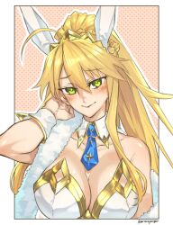 Rule 34 | 1girl, ahoge, animal ears, artoria pendragon (all), artoria pendragon (fate), artoria pendragon (swimsuit ruler) (fate), bare shoulders, blonde hair, blush, braid, breasts, cleavage, closed mouth, collarbone, detached collar, fate/grand order, fate (series), feather boa, french braid, gold trim, green eyes, hair between eyes, highres, large breasts, leotard, long hair, looking at viewer, mitsurugi sugar, necktie, playboy bunny, ponytail, rabbit ears, sidelocks, smile, solo, tiara, white leotard, wrist cuffs