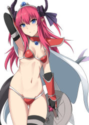 Rule 34 | 1girl, armor, armpits, bikini, bikini armor, blue eyes, blush, bracer, breasts, closed mouth, elizabeth bathory (brave) (fate), elizabeth bathory (fate), fate/grand order, fate (series), gluteal fold, hair between eyes, holding, holding shield, horns, long hair, looking at viewer, pauldrons, pointy ears, purple hair, red armor, red bikini, shield, shiseki hirame, shoulder armor, simple background, single thighhigh, small breasts, smile, solo, swimsuit, thighhighs, tsurime, two side up, white background