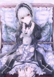 Rule 34 | 1girl, black wings, blush, closed mouth, colored pencil (medium), darkkanan, detached collar, doll joints, dress, frills, hairband, head tilt, highres, joints, lolita hairband, long hair, looking at viewer, hugging object, painting (medium), red eyes, rozen maiden, silver hair, sitting, solo, stuffed animal, stuffed rabbit, stuffed toy, suigintou, suitcase, tears, traditional media, watercolor (medium), wavy mouth, wings